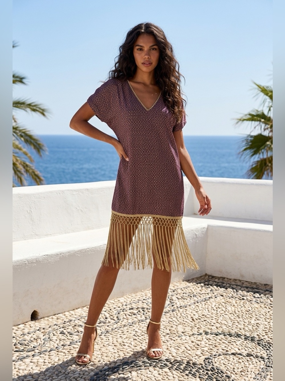 Goa NWOT Chic printed Polyester V-neck Gold metallic trim & tan Fringe Dress